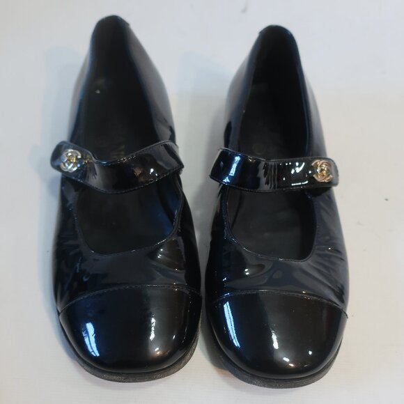Womens Chanel Black Patent Leather Mary Jane Loafer Flat Shoes 38